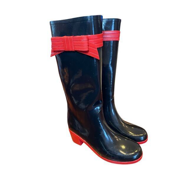 Kate Spade Women 9 Randi Black and Red Bow Heel Rain Boots Shiny Black Rain Boot - Picture 3 of 16